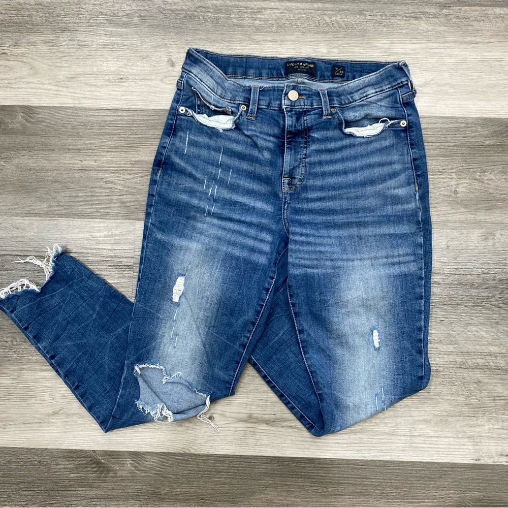 185 Lucky Brand Ava Mid Rise Skinny Jeans Distressed Ripped Ankle Denim 10/30